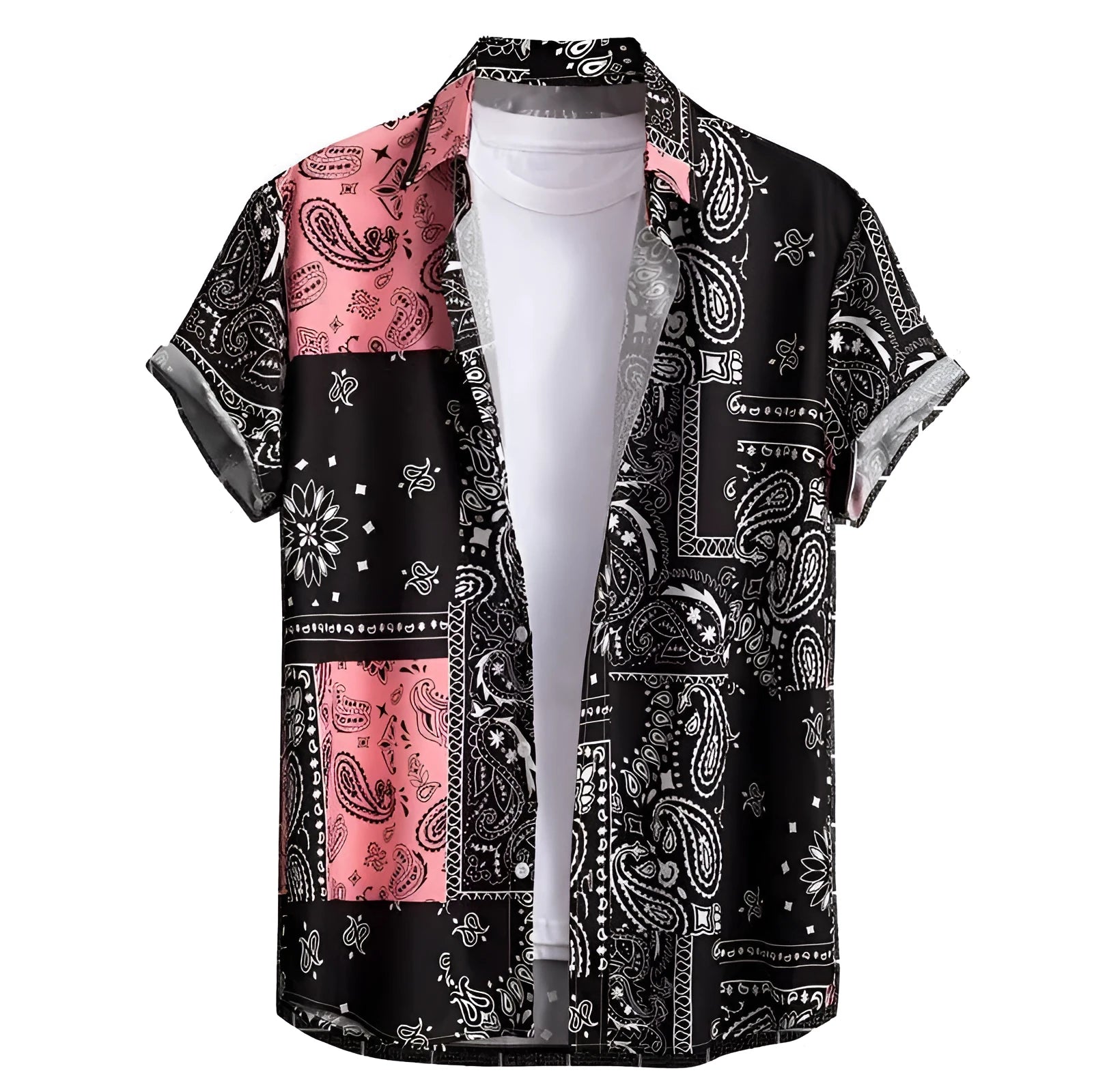 Men's slim fit Hawaiian shirt with digital printed pattern on four-way elastic polyester fabric