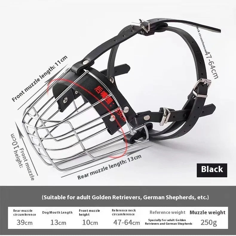 Black metal dog muzzle for Golden Retrievers and German Shepherds with buckle closure