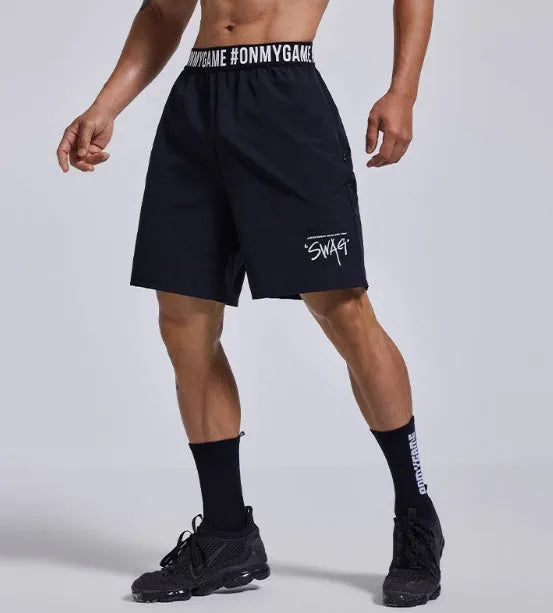 Men's loose sports shorts in black blue grey colours with elastic waist and letter detailing