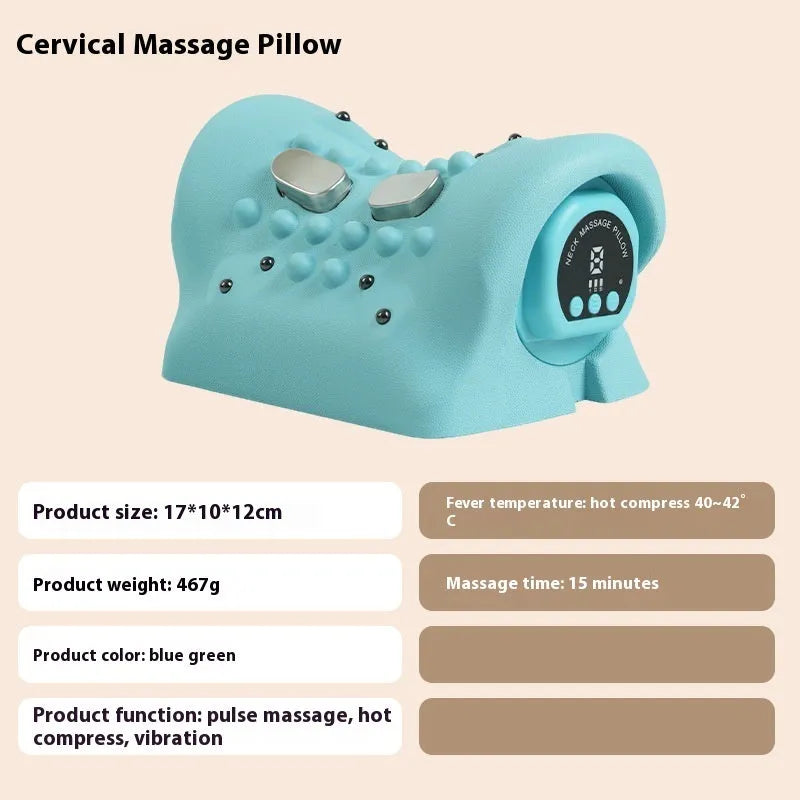 Blue-green portable cervical spine massage pillow with EMS and heat therapy functions