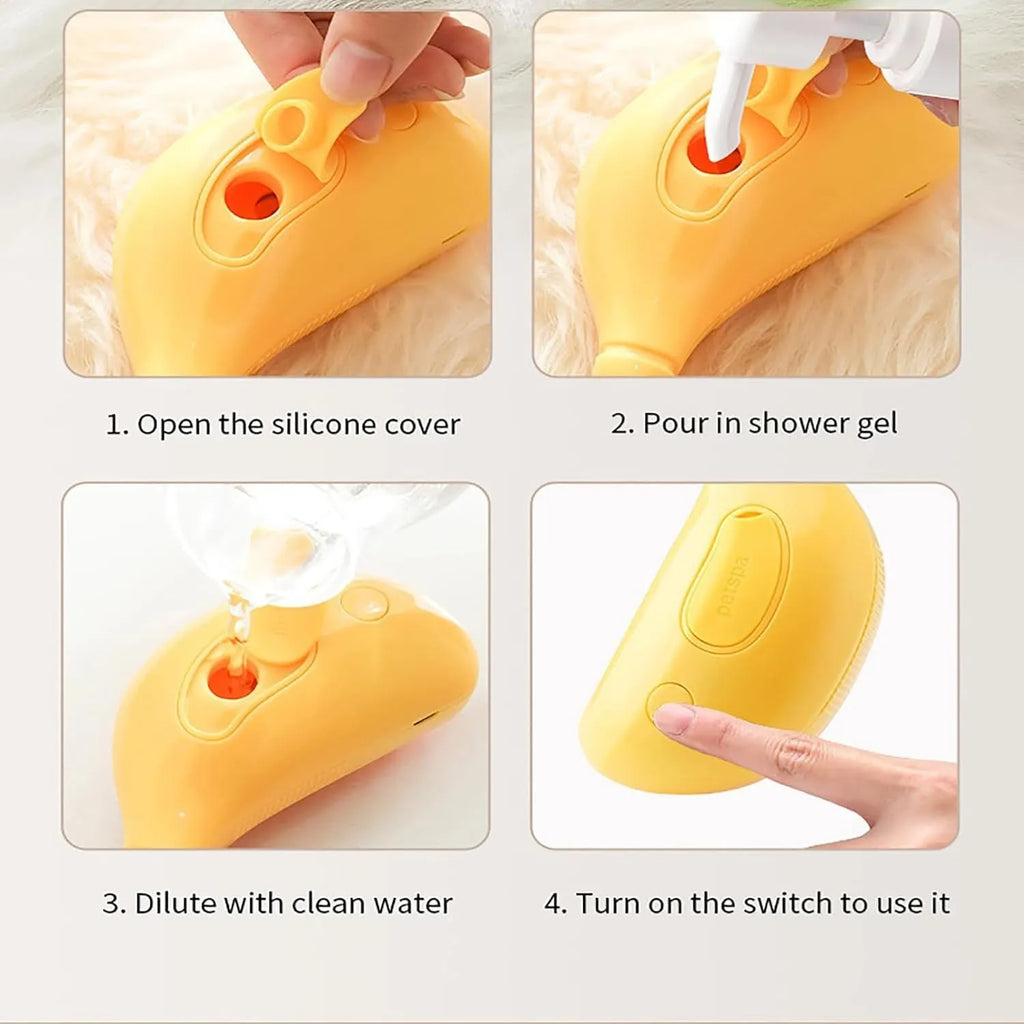 Rechargeable cat steam brush with silicone bristles in green or yellow colour