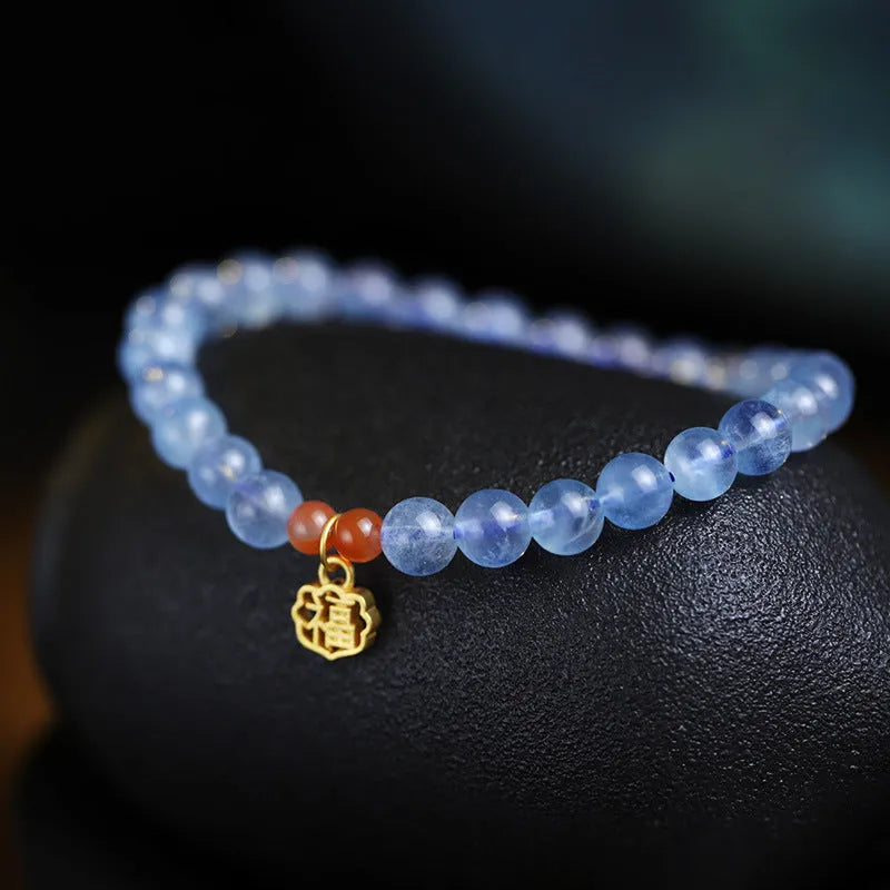 Ice translucent aquamarine crystal bracelet with blessing card and 8mm beads