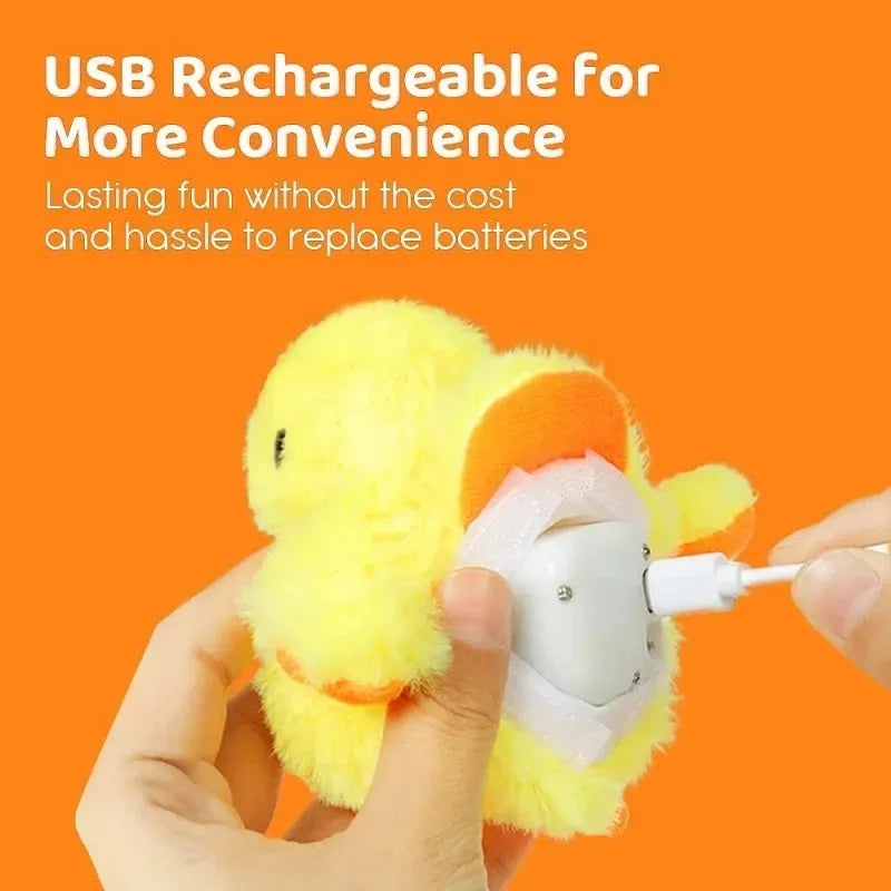 Yellow flapping duck cat toy with USB charging cable and removable plush cover