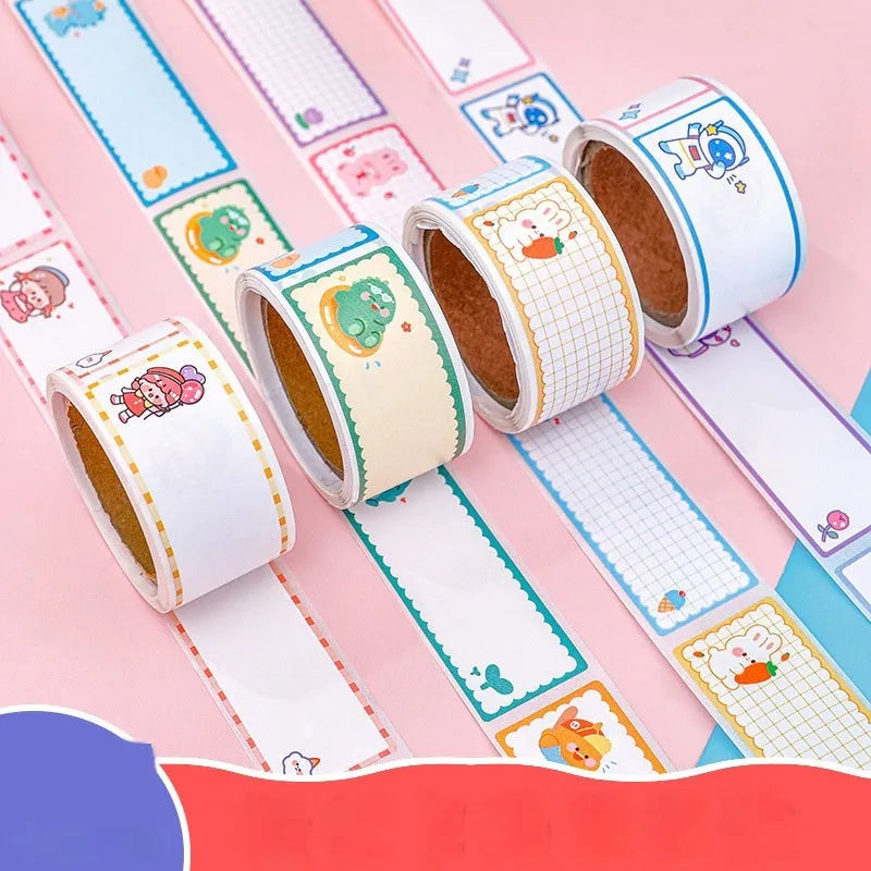Roll of cartoon name tape stickers showing Dinosaur, Astronaut, Rabbit, and Girl design options.