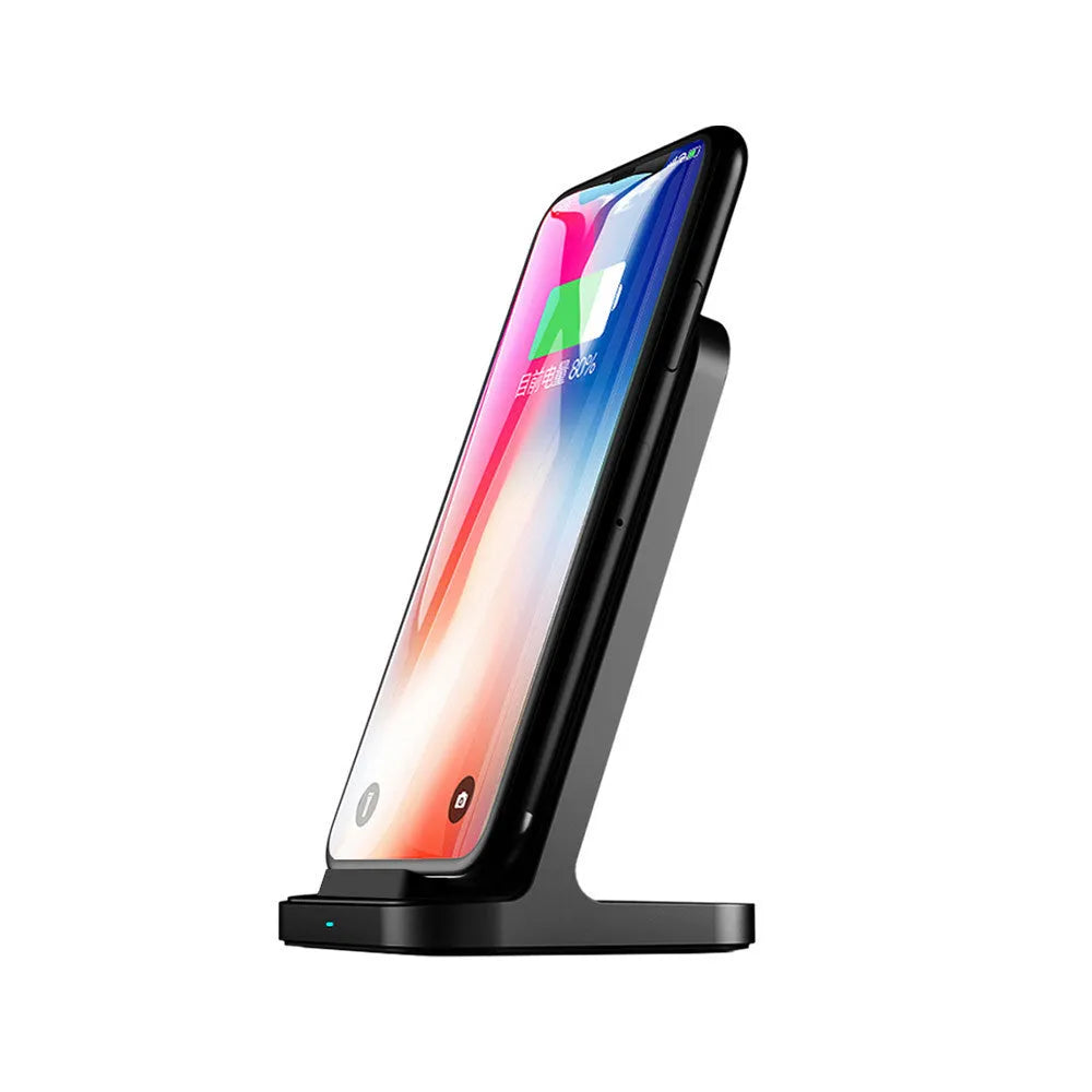 Dark grey vertical wireless charging station for smartphones with aluminium construction