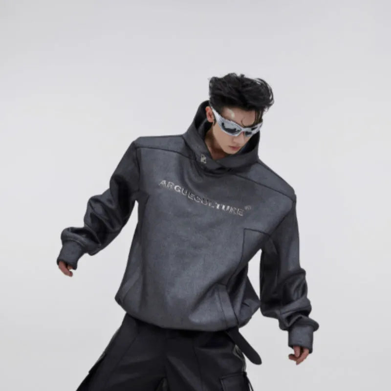 Men's black hooded sweater with heavy shoulder pads and silver metallic 3D printing design.