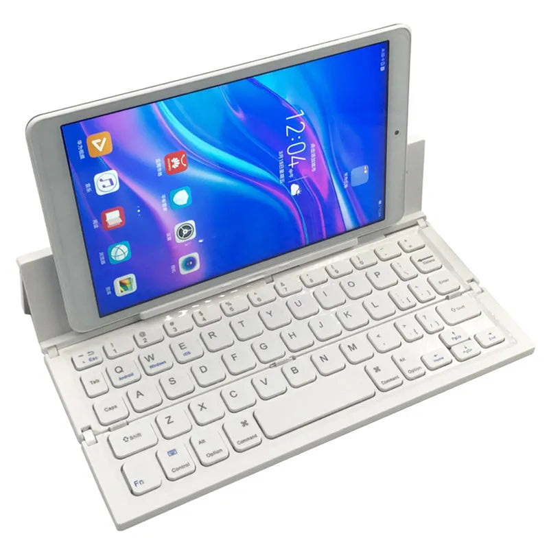 Black foldable Bluetooth keyboard shown alongside tablet demonstrating 8-inch compact size and portable design