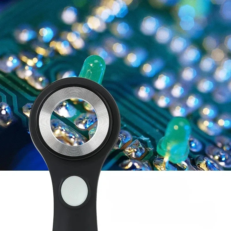 Black USB-C rechargeable magnifying glass for jewellery and tobacco appraisal.