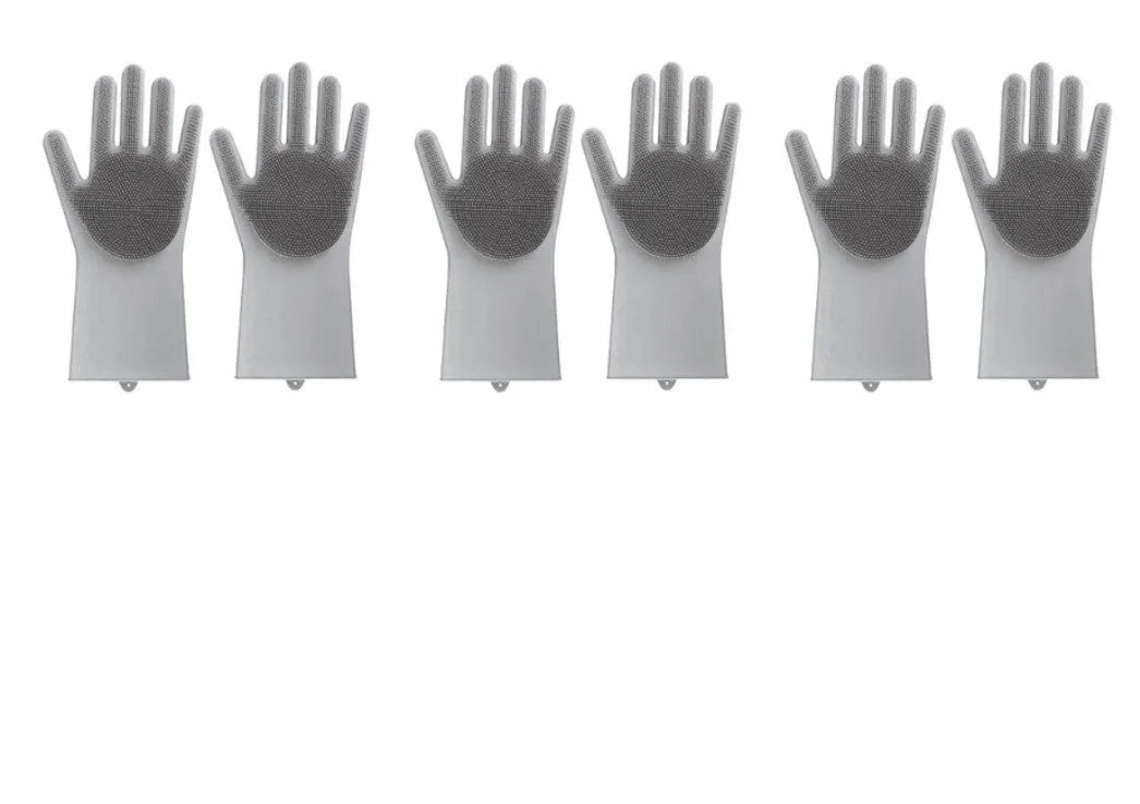 Blue silicone scrubbing gloves showing textured palm and finger surfaces for cleaning