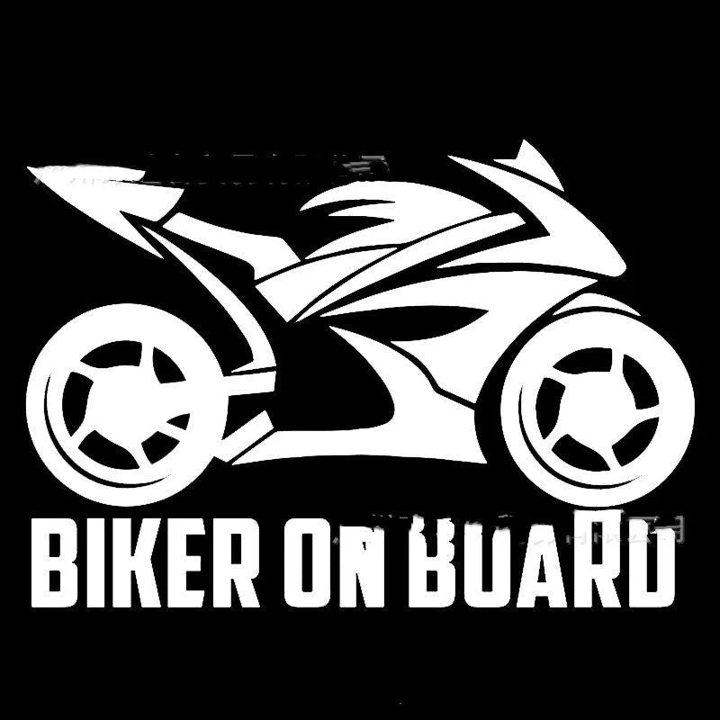 Motorcycle reflective safety sticker in PET material showing two size options: 14×20cm and 10×15cm