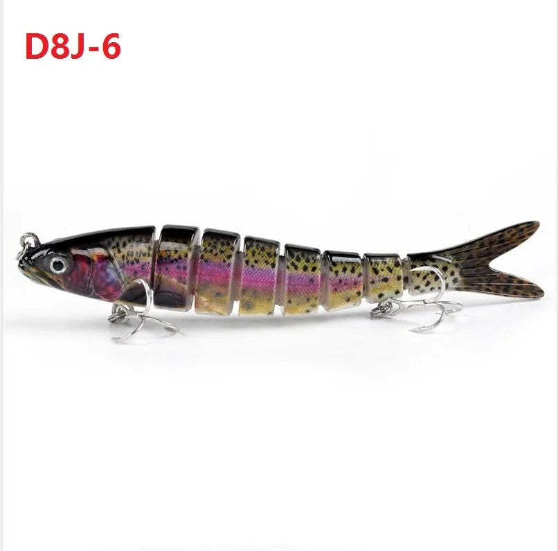 14cm ABS fishing lure with 8-segment body, treble hooks, and realistic 3D eyes