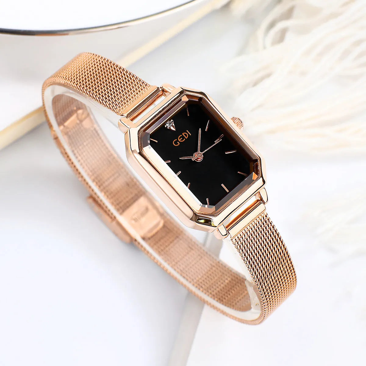 Square retro casual watch for women with rose gold case shown in multiple colour options