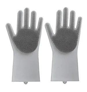 Blue silicone scrubbing gloves showing textured palm and finger surfaces for cleaning