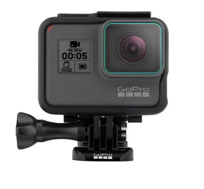 GoPro Hero camera with transparent tempered glass lens and LCD screen protectors applied.