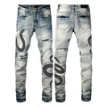 Blue distressed skinny jeans with button fly and tapered leg in street fashion style