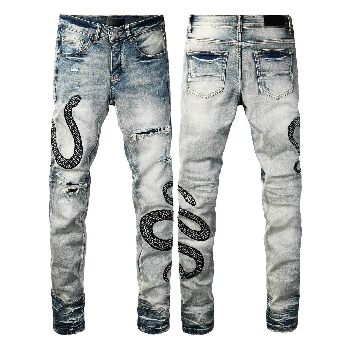 Blue distressed skinny jeans with button fly and tapered leg in street fashion style