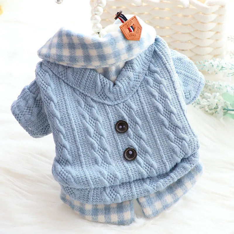 Blue wool plaid dog sweater with fleece lining and two-piece style on medium-sized dog