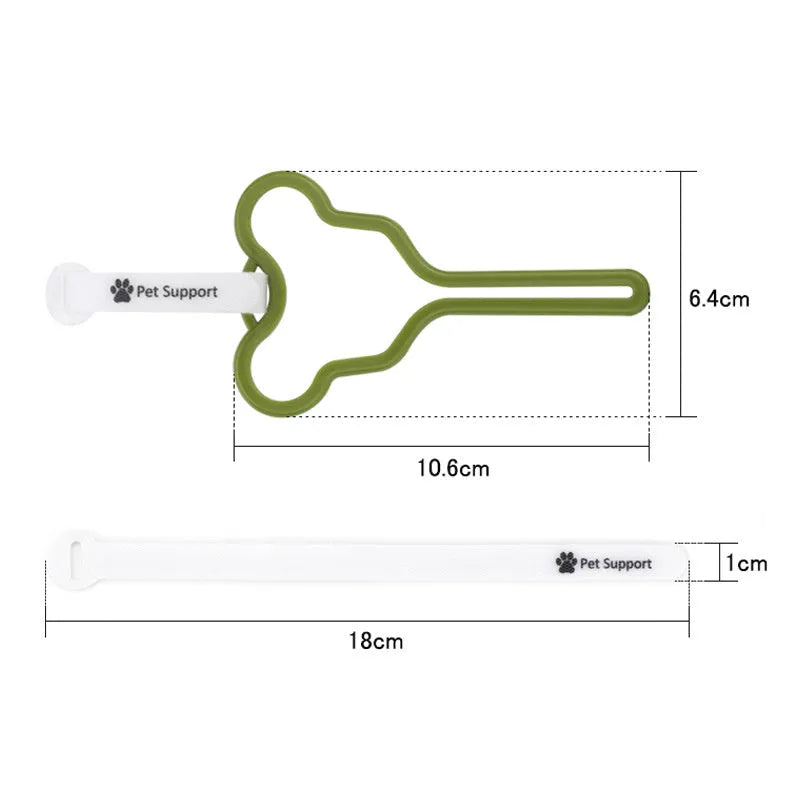Hands-free dog poop bag holder with black velcro strap and clip attached to a dog leash.