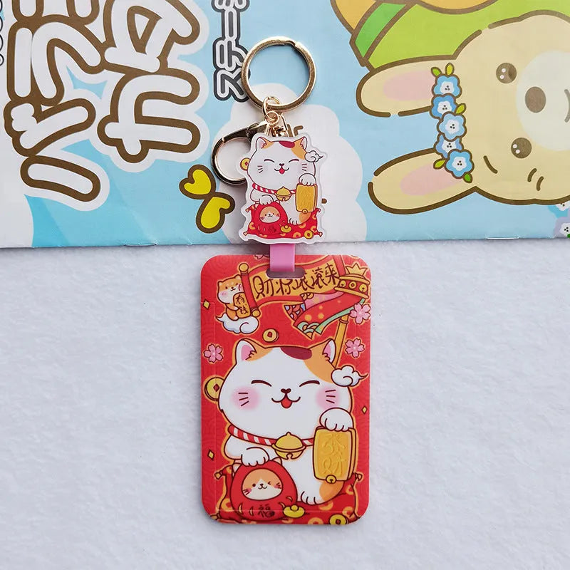 Lucky Cat cartoon design plastic certificate sleeve and matching ferrule pendant gift set.