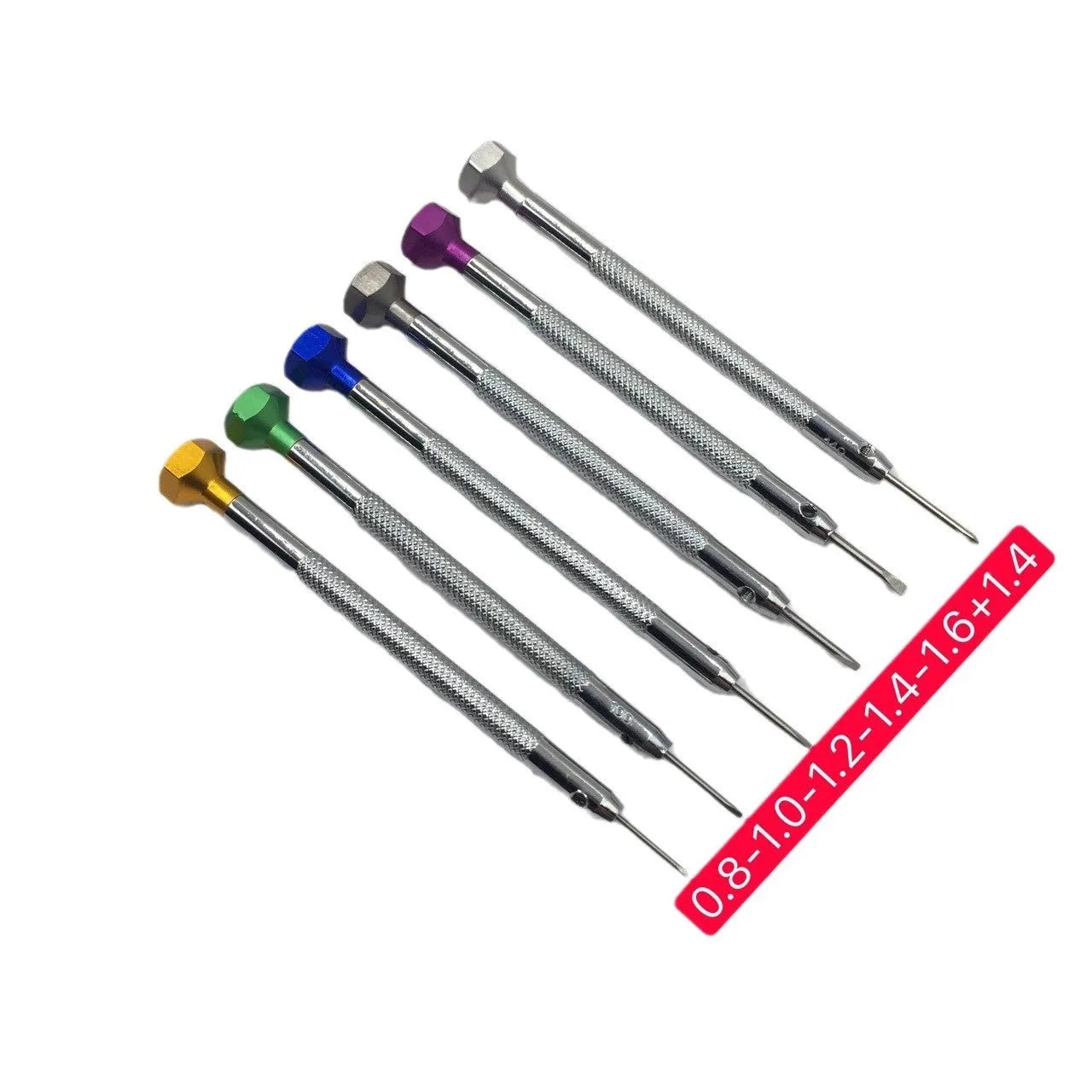 6 coloured aluminium-handled watch screwdrivers with spring steel cutter heads for children's watch repair