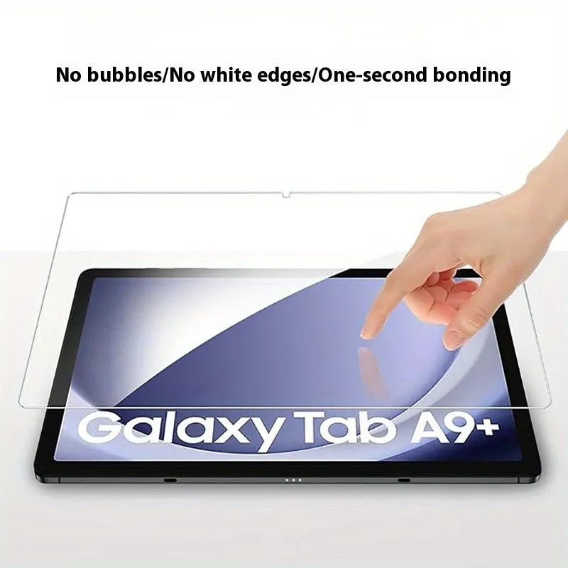 Samsung Galaxy tablet tempered glass screen protector showing HD clarity and full coverage.
