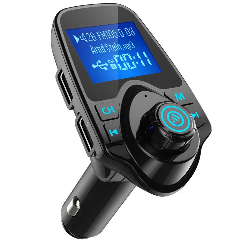 Black G7 Car Bluetooth FM Transmitter with USB port and TF card slot for hands-free calls and music streaming.