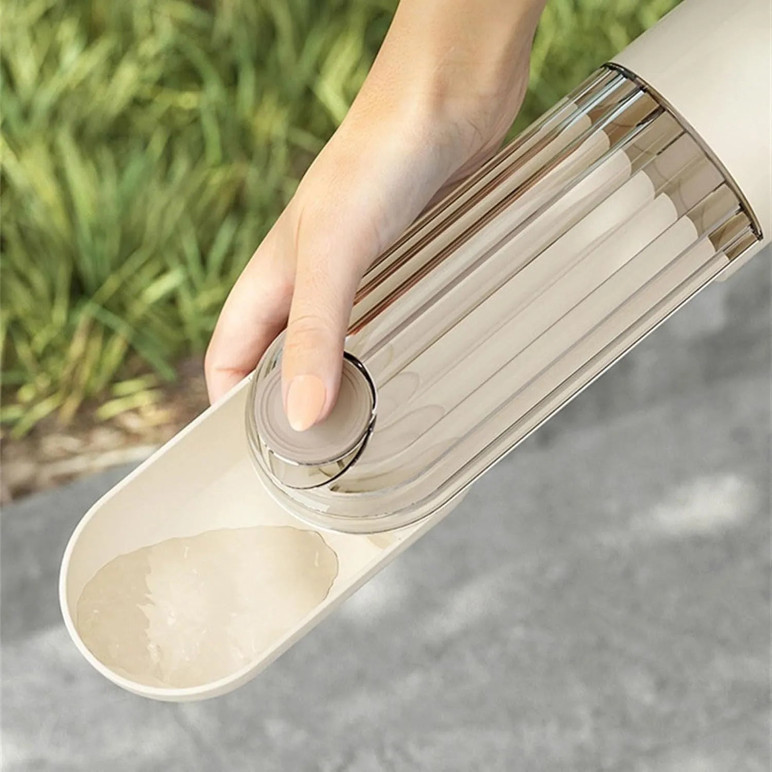 Beige foldable dog water bottle with food container for walking and outdoor travel