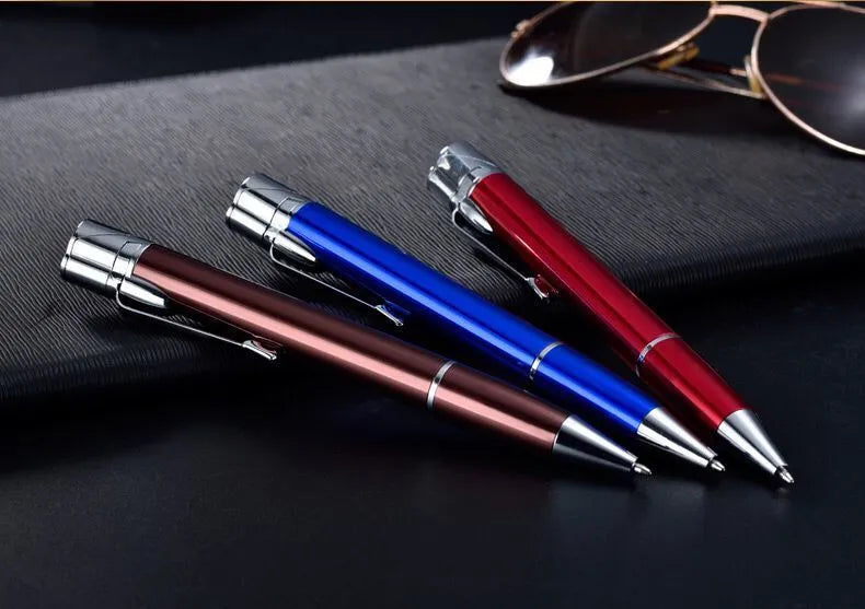 Silver metal windproof jet pen lighter with a blue flame, showing its slim 170mm design.