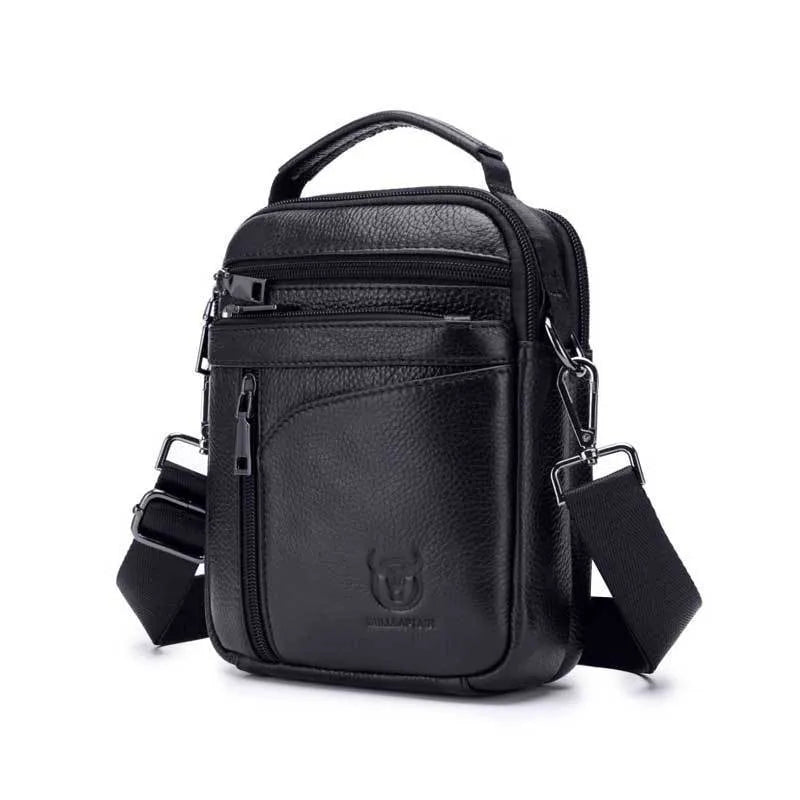 Black genuine leather men's shoulder messenger bag with retro styling on solid background