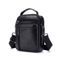 Black genuine leather men's shoulder messenger bag with retro styling on solid background
