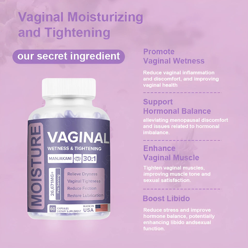 Bottle of 60 vaginal herbal capsules for adult women's intimate care