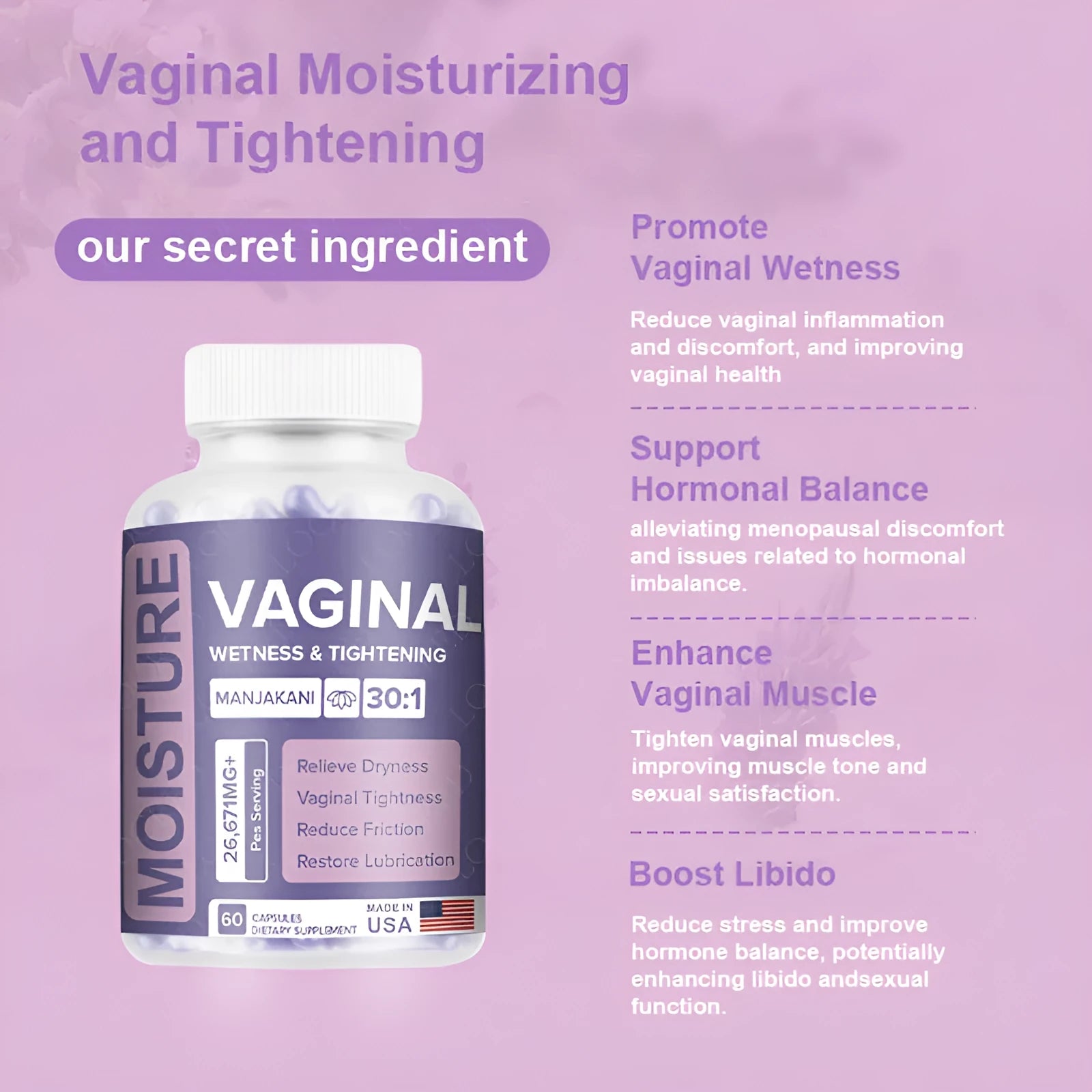 Bottle of 60 vaginal herbal capsules for adult women's intimate care
