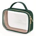 Transparent PVC cosmetics wash bag with chain in multiple colour options on a white background.