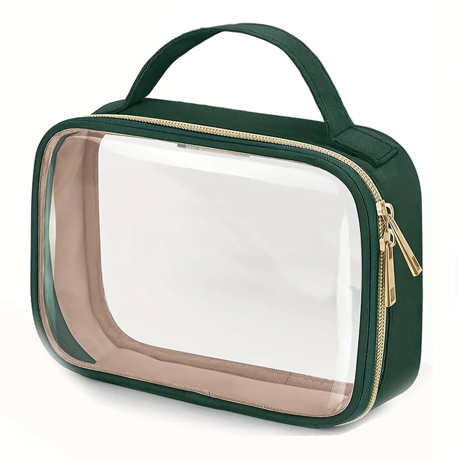 Transparent PVC cosmetics wash bag with chain in multiple colour options on a white background.