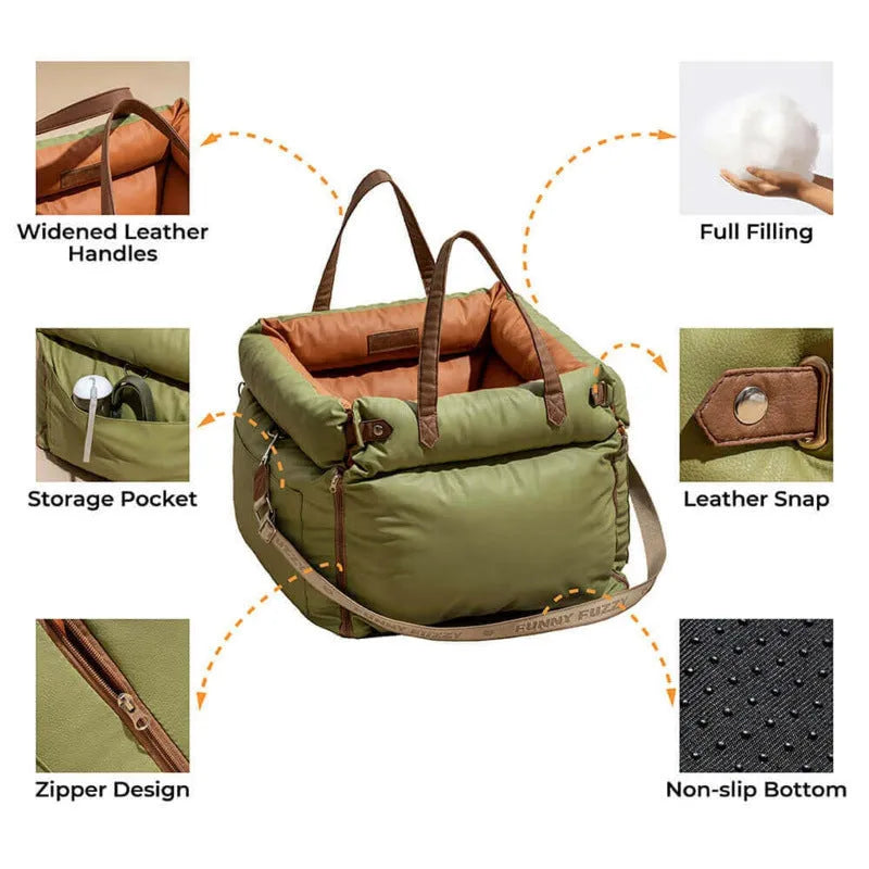 Green removable washable waterproof pet car nest for dogs measuring 55cm by 50cm by 45cm.