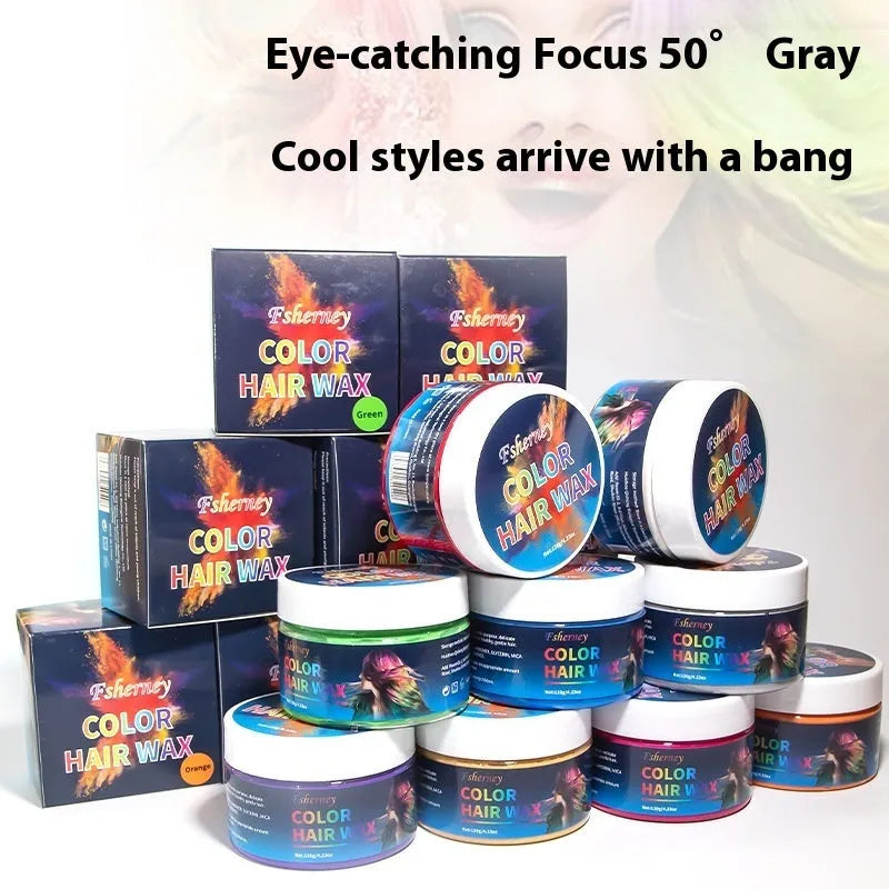 120g hair styling clay pot showing colour options including white, orange, red, yellow, blue, green, purple, rose red, and granny grey