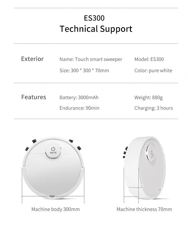 Automatic circular sweeping robot with one-touch button, 28cm diameter, on a hard floor.