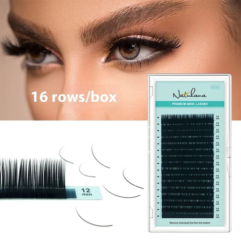 A pair of soft velvet artificial fibre false eyelashes showing options from 7mm to 15mm in length.