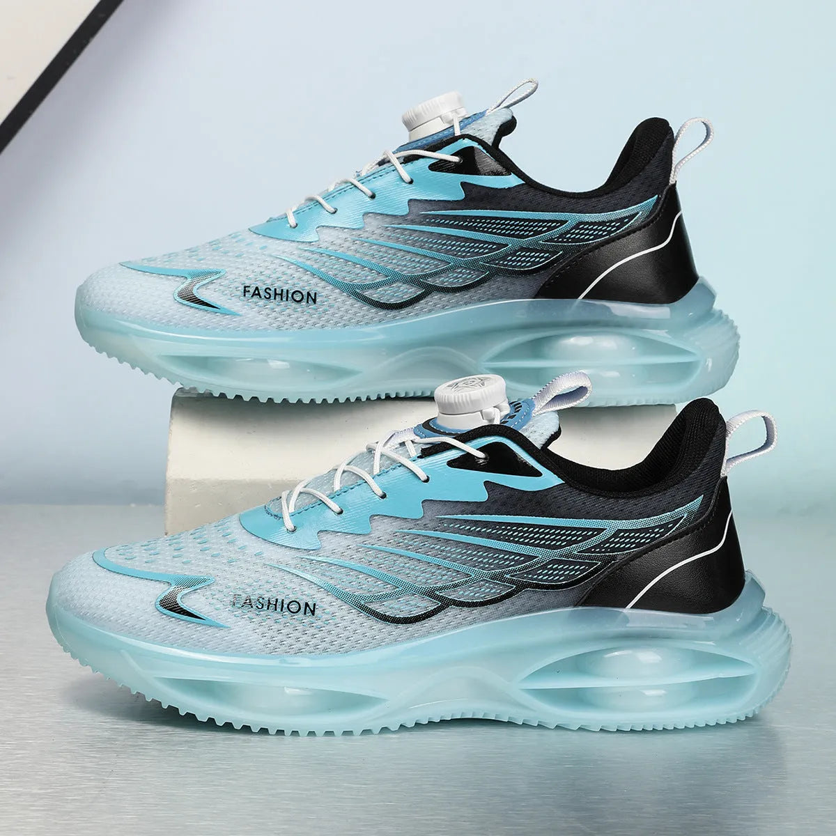 Casual breathable running shoe in sky blue with mesh upper and rubber sole, front lace-up design.