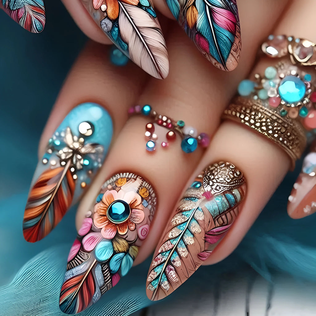 Plastic retro feather armour nail art decorative pieces in multiple patterns including cartoon, floral, and heart designs