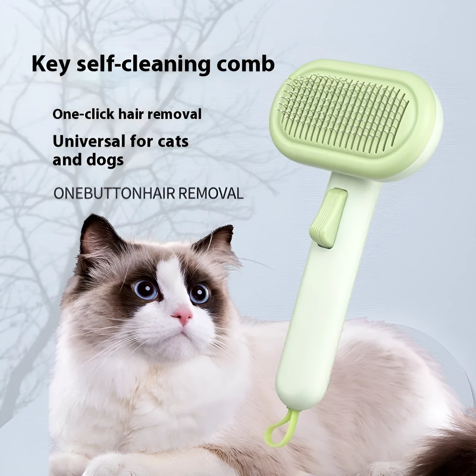 Large light grey pet hair removal comb for cats and dogs with stainless steel teeth and integrated de-matting shaver.