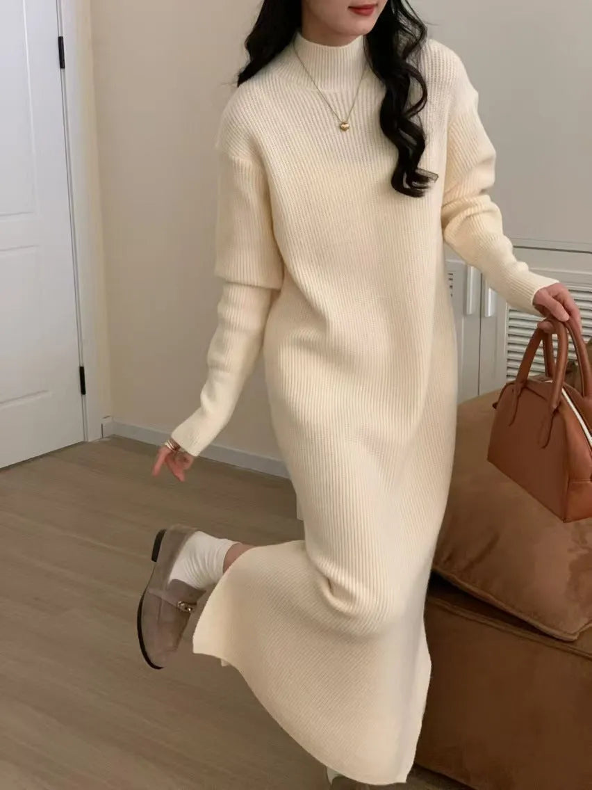 Half turtleneck acrylic knitted dress in graphite colour with long sleeves