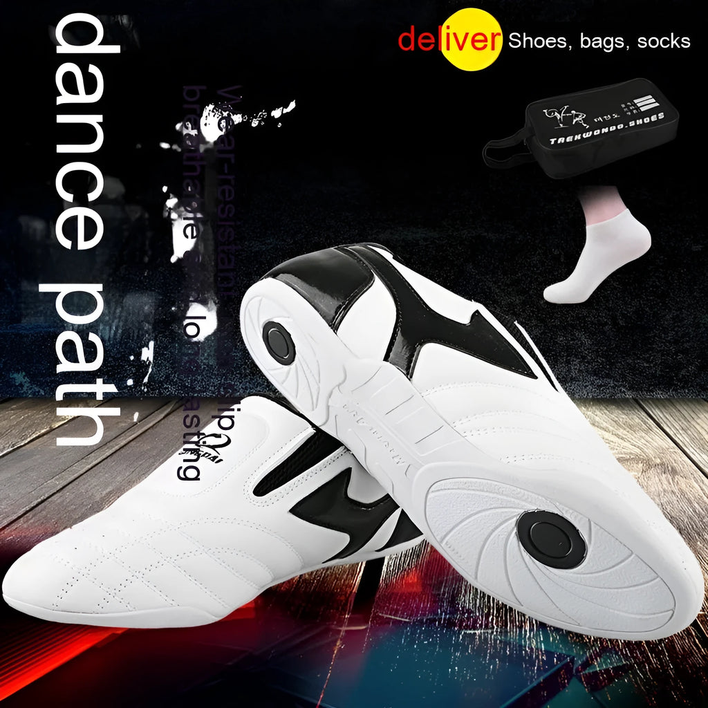 Black and white children's PU martial arts training shoes with soft sole for Taekwondo and Sanda.