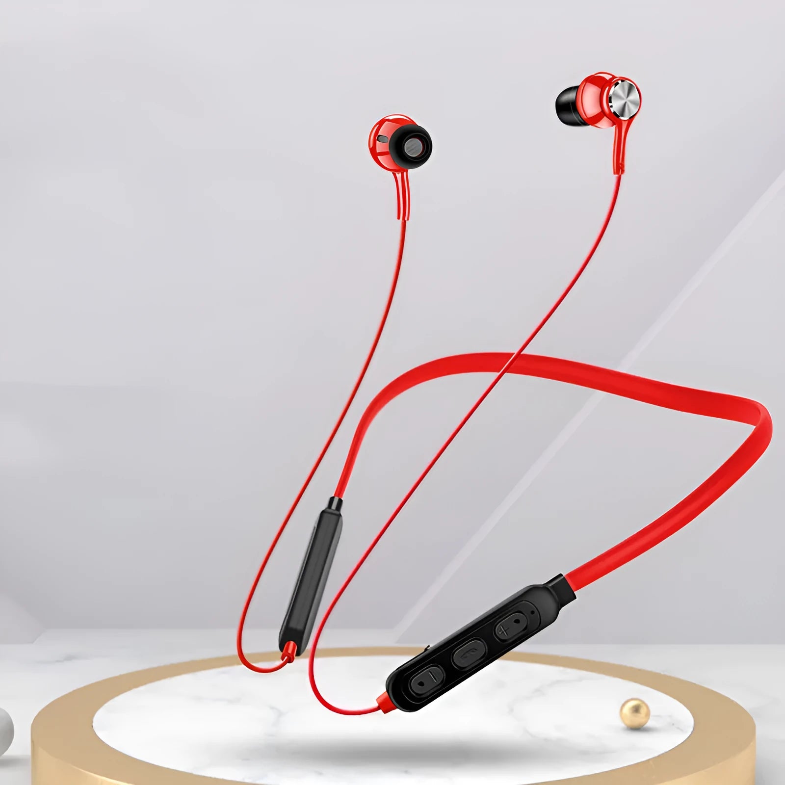 Sports neckband Bluetooth earphones in black, red, or white colours with secure neckband design