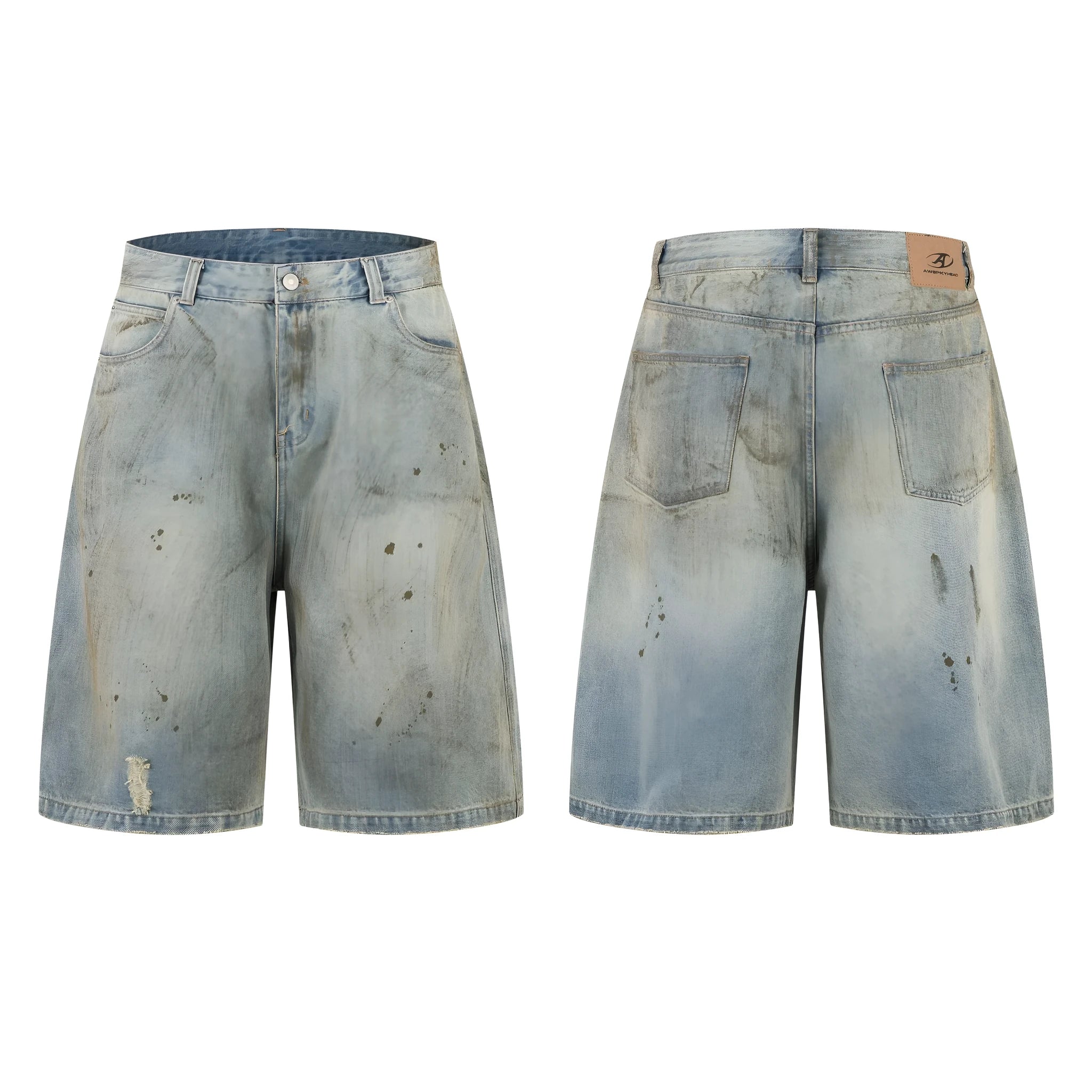 Blue cropped denim middle pants with straight leg and zip fly