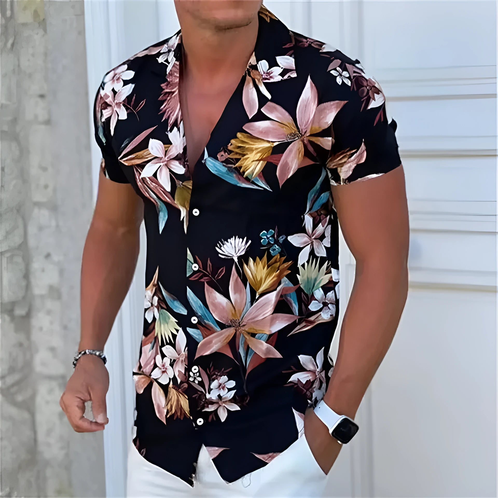 Men's loose-fit floral print short sleeve beach shirt in a colour from the available range.