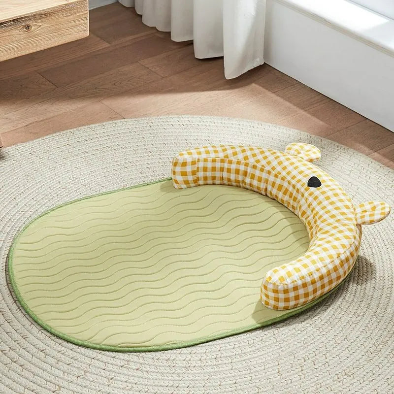 Green and yellow four seasons dog cooling mat with ice pad technology in multiple sizes