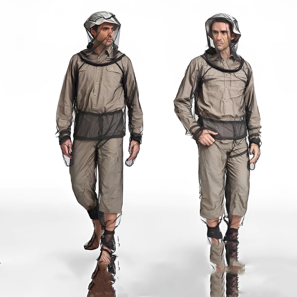 Four-piece mesh anti-mosquito suit set showing hooded top, pants, and booties for outdoor camping and fishing.