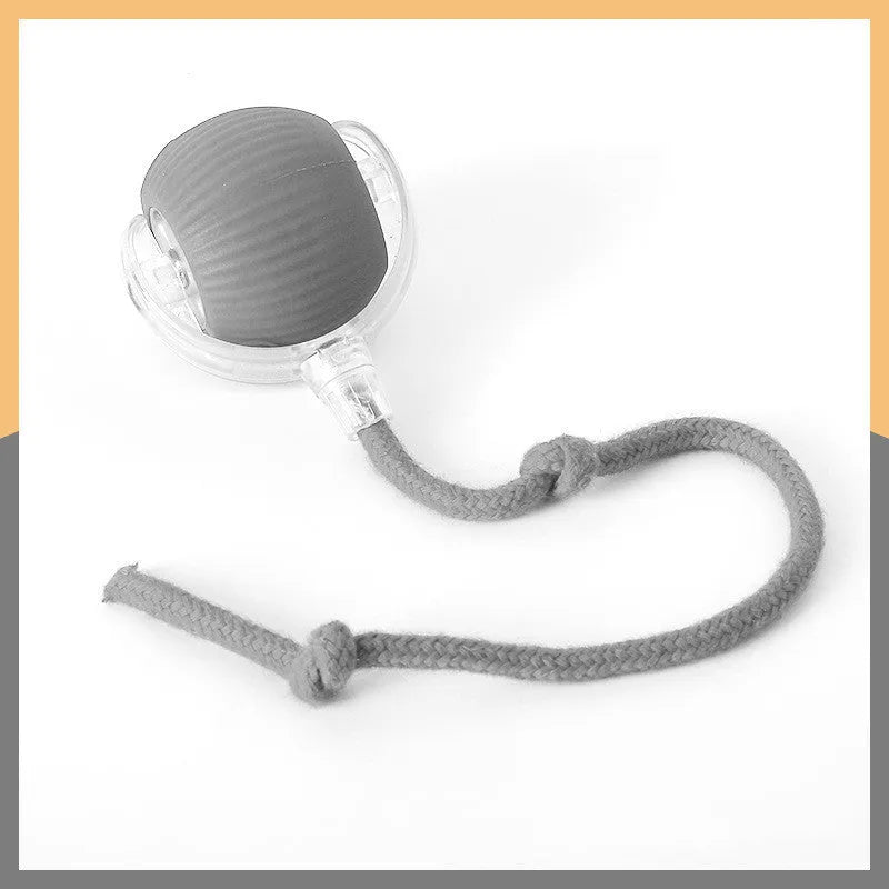 Silicone rolling ball cat toy in red, green, or grey colours, some variants with an attached rope.