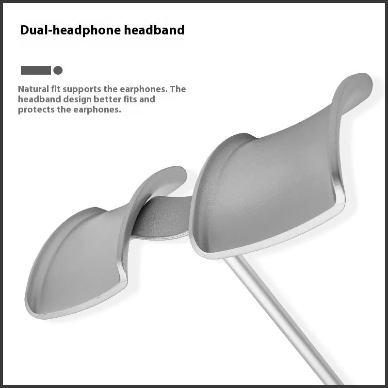 Desktop double-hanging earphone bracket in black holding two headphones on a desk